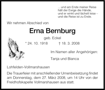 Todesanzeige von Erna Bernburg von HNA