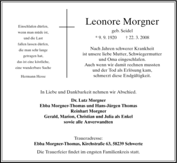 Todesanzeige von Leonore Morgner von HNA