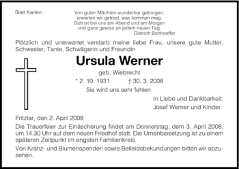 Todesanzeige von Ursula Werner von HNA