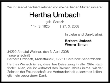 Todesanzeige von Hertha Umbach von HNA