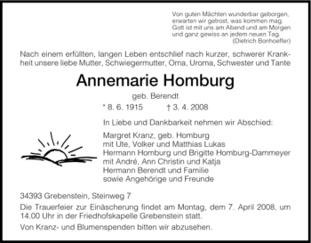 Todesanzeige von Annemarie Homburg von HNA