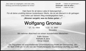 Todesanzeige von Wolfgang Gronau von HNA