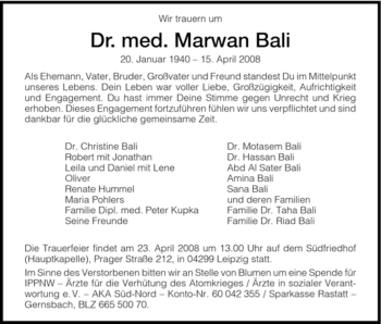 Todesanzeige von Marwan Bali von HNA