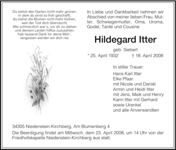 Todesanzeige von Hildegard Itter von HNA