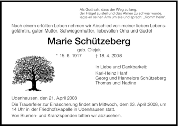 Todesanzeige von Marie Schuetzeberg von HNA