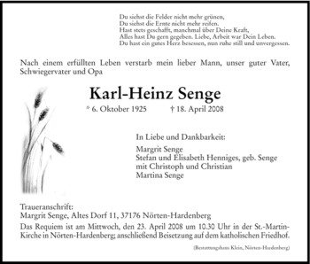 Todesanzeige von Karl-Heinz Senge von HNA