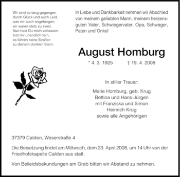 Todesanzeige von August Homburg von HNA