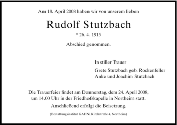 Todesanzeige von Rudolf Stutzbach von HNA