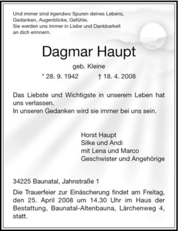 Todesanzeige von Dagmar Haupt von HNA