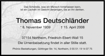 Todesanzeige von Thomas Deutschländer von HNA