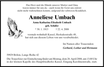 Todesanzeige von Anneliese Umbach von HNA