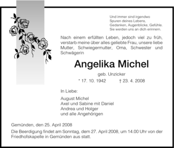 Todesanzeige von Angelika Michel von HNA
