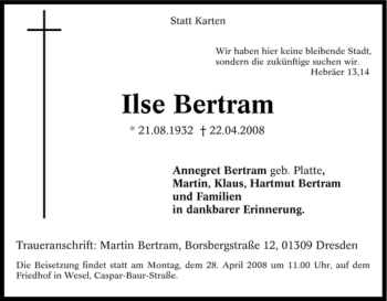 Todesanzeige von Ilse Bertram von HNA