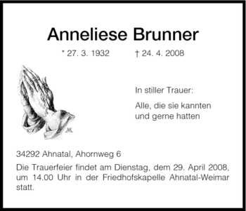 Todesanzeige von Anneliese Brunner von HNA