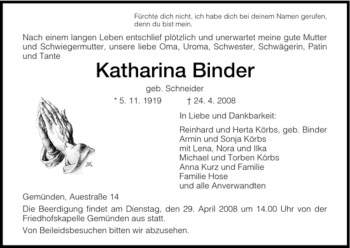Todesanzeige von Katharina Binder von HNA