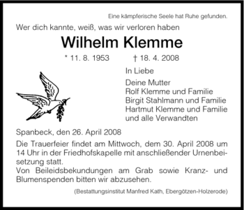 Todesanzeige von Wilhelm Klemme von HNA