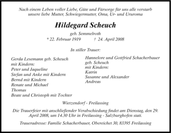 Todesanzeige von Hildegard Scheuch von HNA