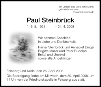 Todesanzeige von Paul Steinbrück von HNA