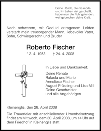 Todesanzeige von Roberto Fischer von HNA