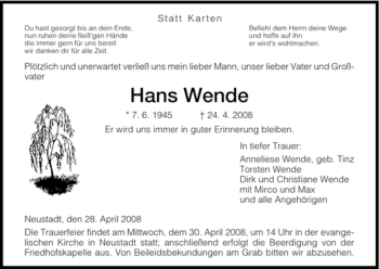 Todesanzeige von Hans Wende von HNA