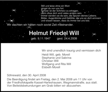 Todesanzeige von Helmut Friedel Will von HNA
