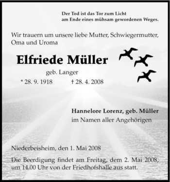 Todesanzeige von Elfriede Müller von HNA