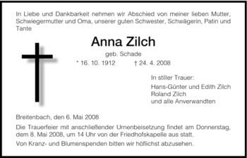 Todesanzeige von Anna Zilch von HNA
