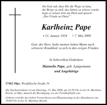 Todesanzeige von Karlheinz Pape von HNA