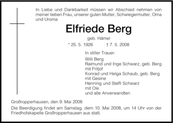 Todesanzeige von Elfriede Berg von HNA