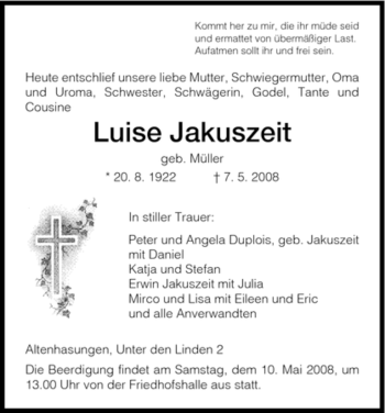 Todesanzeige von Luise Jakuszeit von HNA