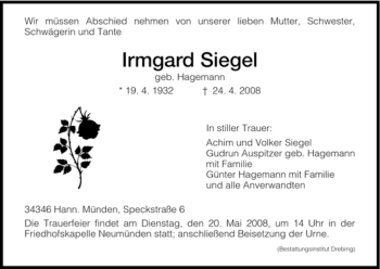 Todesanzeige von Irmgard Siegel von HNA