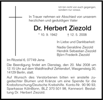 Todesanzeige von Herbert Ziezold von HNA