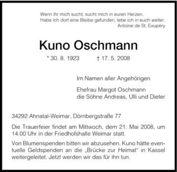 Todesanzeige von Kuno Oschmann von HNA