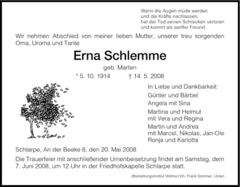 Todesanzeige von Erna Schlemme von HNA
