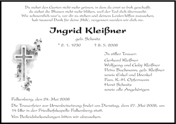 Todesanzeige von Ingrid Kleißner von HNA