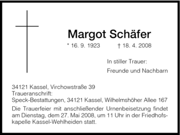 Todesanzeige von Margot Schäfer von HNA