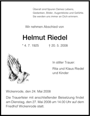 Todesanzeige von Helmut Riedel von HNA