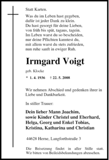 Todesanzeige von Irmgard Voigt von HNA
