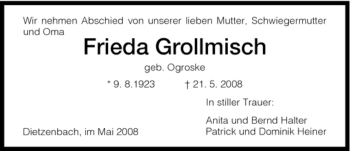 Todesanzeige von Frieda Grollmisch von HNA