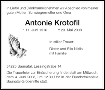 Todesanzeige von Antonie Krotofil von HNA