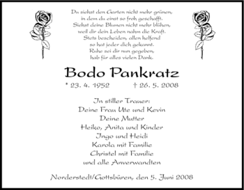 Todesanzeige von Bodo Pankratz von HNA