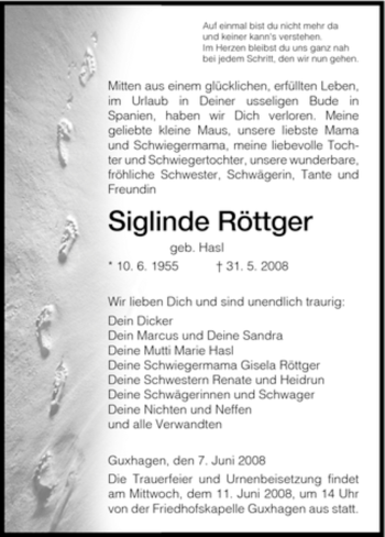 Todesanzeige von Siglinde Röttger von HNA
