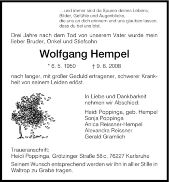 Todesanzeige von Wolfgang Hempel von HNA
