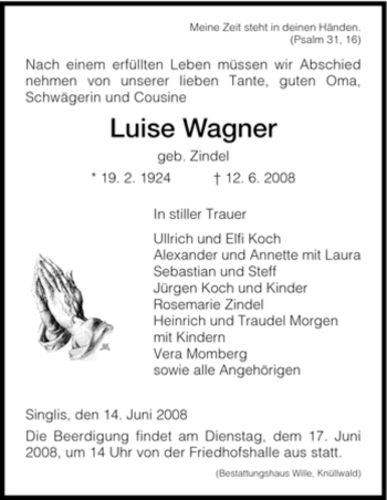 Todesanzeige von Luise Wagner von HNA