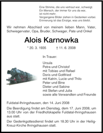 Todesanzeige von Alois Karnowka von HNA
