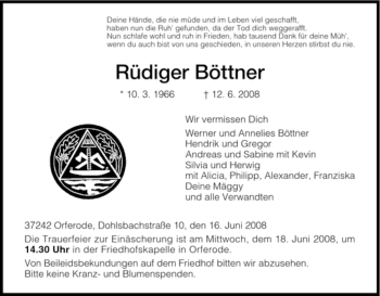 Todesanzeige von Rüdiger Böttner von HNA