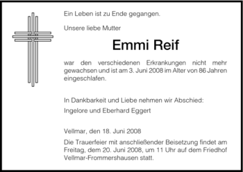 Todesanzeige von Emmi Reif von HNA