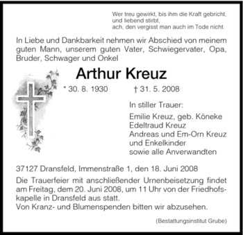 Todesanzeige von Arthur Kreuz von HNA