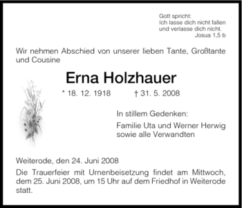 Todesanzeige von Erna Holzhauer von HNA