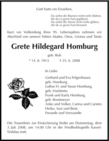Todesanzeige von Grete Hildegard Homburg von HNA